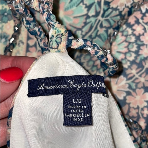 American Eagle women’s dress large maxi tie back Floral blue cream boho beach - Picture 5 of 10